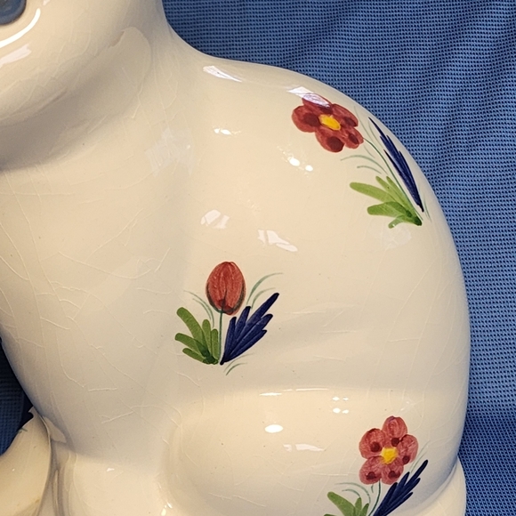 Vtg Ceramic White Kitty Cat Art Elpa Alcobaca Portuguese Hand Painted Flowers - Picture 10 of 10